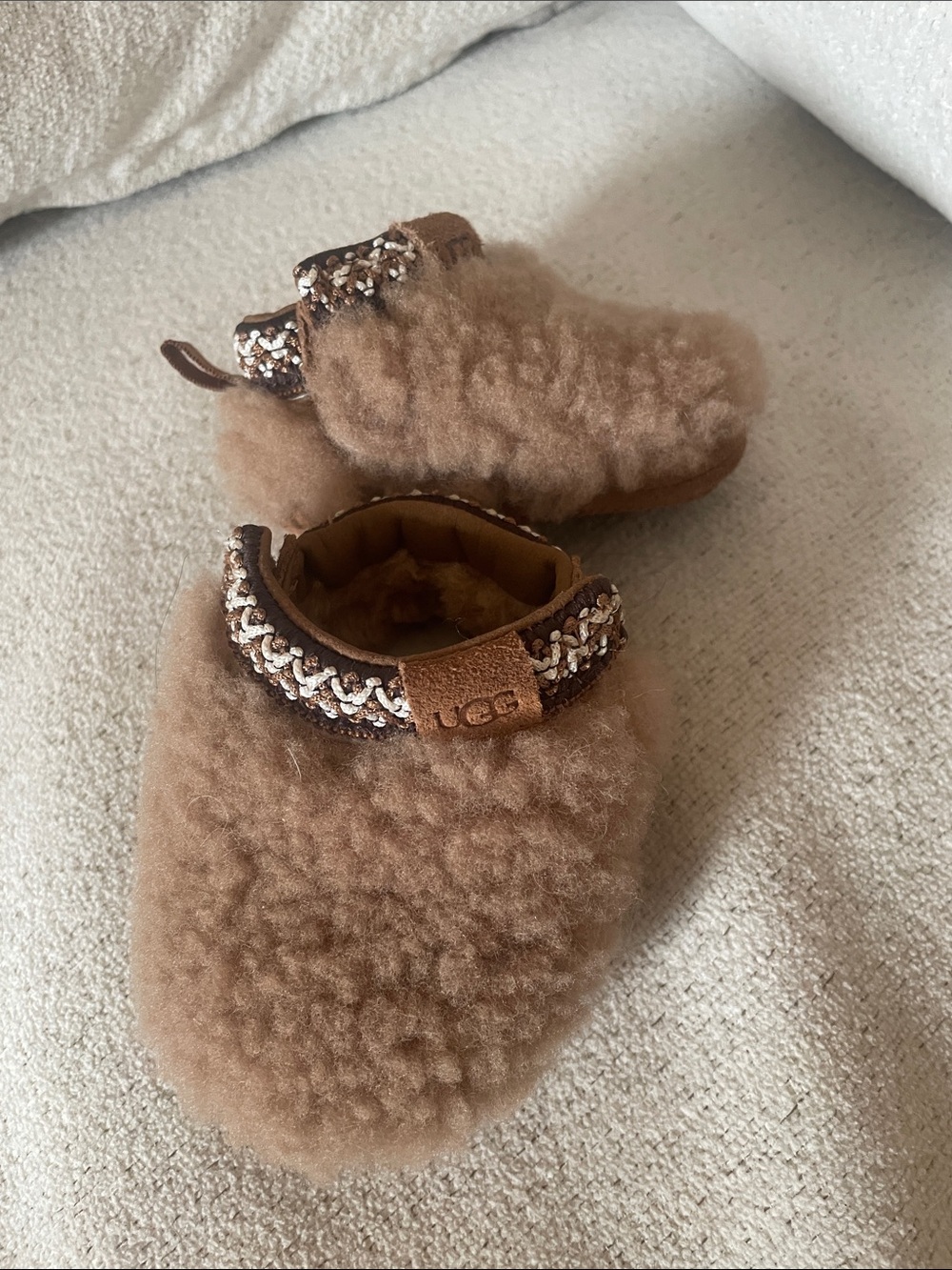 UGG baby Chestnut Fuzzy Moccasin Slippers curly Tasman